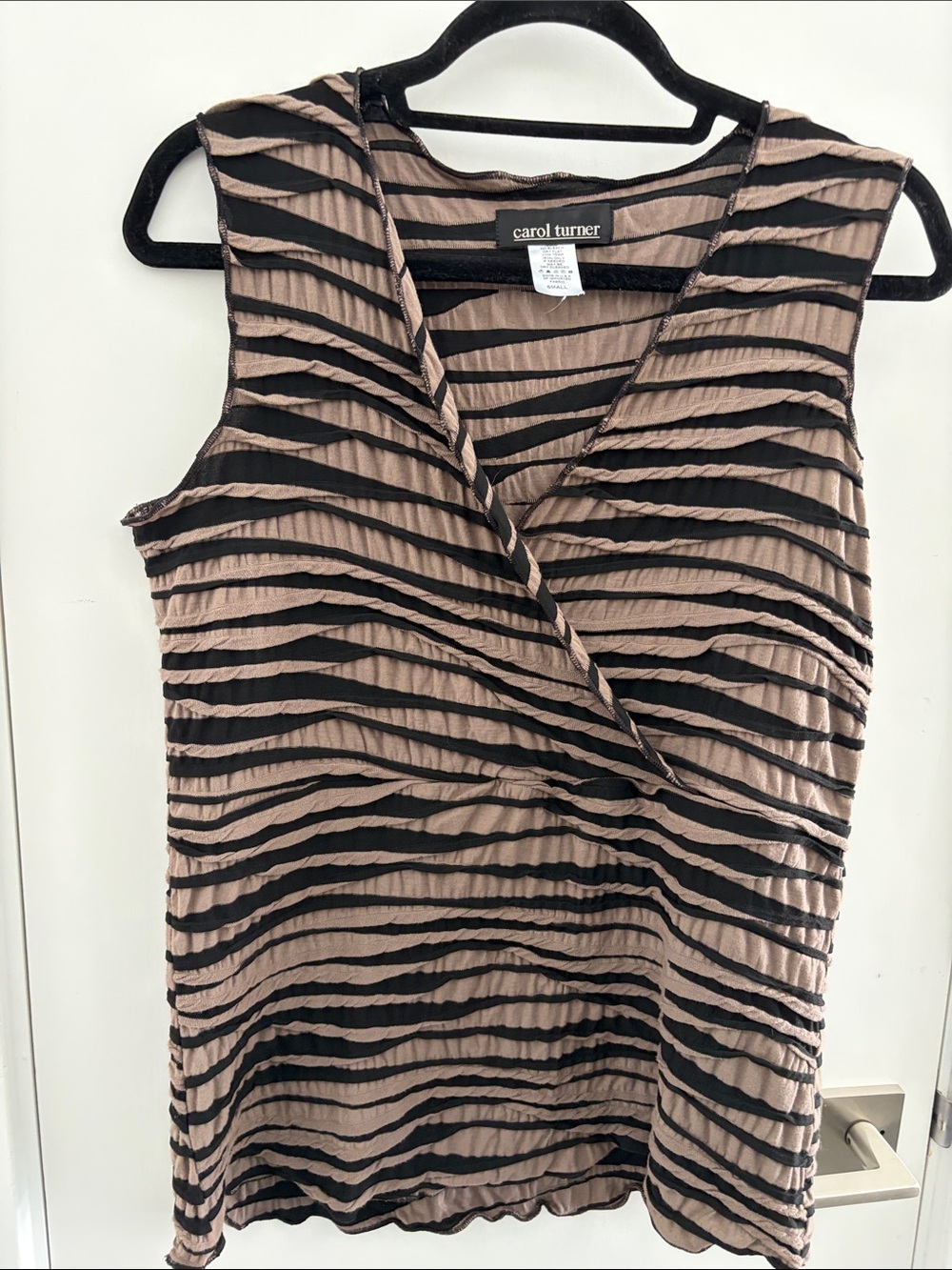 Carol Turner Taupe and Black Sleeveless Wrap-Style Top